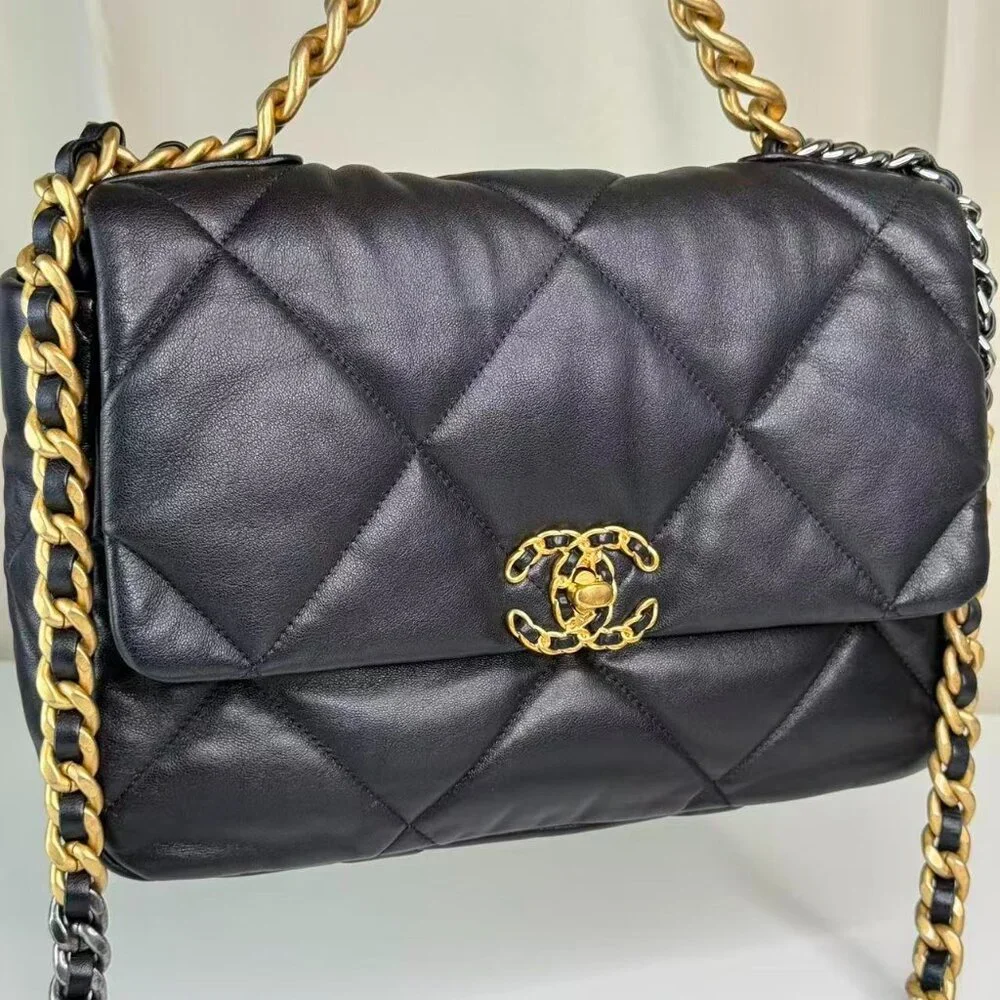 Chanel Black 19 Medium Shoulder Bag with Gold Chain Crossbody Strap